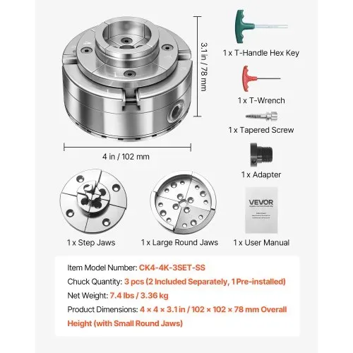 VEVOR 4 Zoll Drechselfutter 4 Backen Zentrierfutter mit 1 Zoll x 8 TPI Gewinde & Adapter, mit Rundbacken & Stufenbacken, Hochfester Stahl Vernickelte Oberfläche Spreizen und Klemmen für Drechselbänke – Bild 6