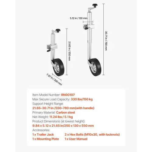 VEVOR Stützrad bis 150 kg Belastbar, Bugrad 550–780 mm Höhenverstellbar, Anhängerrad, Anhängerstütze mit Einzelrad & ergonomischem Griff, geeignet für Anhänger, Wohnwagen & Boots – Bild 6