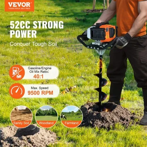 VEVOR Erdbohrer mit Benzinmotor, 52 CC, 1450 W, Benzinbohrer mit 6- und 10-Zoll-Bohrkronen und 3 Verlängerungsstangen, Lochbohrer für Pfostenzäune für Ackerland, Gartenpflanzen, Orange+Schwarz VEVOR Erdbohrer mit Benzinmotor, 52 CC, 1450 W, Benzinbohrer mit 6- und 10-Zoll-Bohrkronen und 3 Verlängerungsstangen, Lochbohrer für Pfostenzäune für Ackerland, Gartenpflanzen, Orange+Schwarz