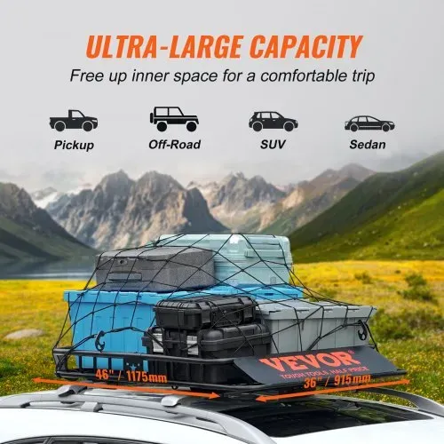 VEVOR Dachgepäckträger Korb Auto Dachkorb Universal 1175 x 915 x 114 mm, Dachgepäckträger Wanne 90 kg Tragfähigkeit Relingträger Fracht Gepäckablage Schwarz für Camping, Grillen, Autoreisen usw. – Bild 3