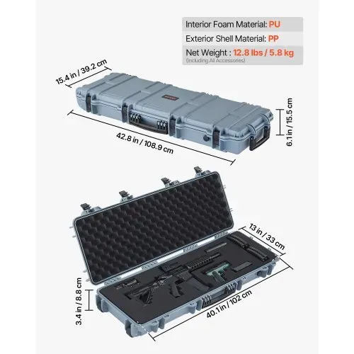 VEVOR Waffenkoffer mit Hartschale für Langwaffen, abschließbarer Gewehrkoffer mit vorgeschnittenen Schaumstoffen, Langwaffenkoffer Waffenaufbewahrung rollbar IP67 wasserfest, 108,9 x 39,2 x 15,5 cm Grau – Bild 2