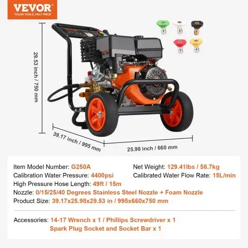 VEVOR Benzin-Hochdruckreiniger, 4400 PSI 15 L/min, 2,6 GPM Terrassenreinger mit Kupferpumpe, Hochdruckpistole & Verlängerungsstab, 5-Düsen-Set, für Autos, Zäune, Häuser, Einfahrten, Terrassen, Möbel – Bild 6