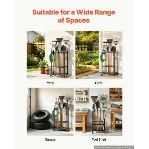 VEVOR Gartengeräte Ständer 440x405x760mm Gerätehalter aus Metall Schwarz, Aufbewahrungsregal für Garage Schuppen Garten, Organizer für Besen Mopp, mit Doppelschichtschlitzen 4 Haken & Nivellierfüßen – Bild 5