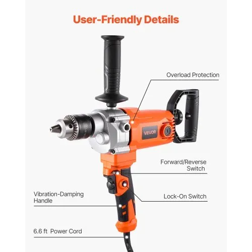 VEVOR elektrische Bohrmaschine 15,89 mm 1200 W mit Mixer Bohrmaschinenmischer Set 750 U/min 3,2 A Mischbohrmaschine mit D-Griff zum Bohren & Mischen Handbetonmischer für Futter Zement – Bild 5