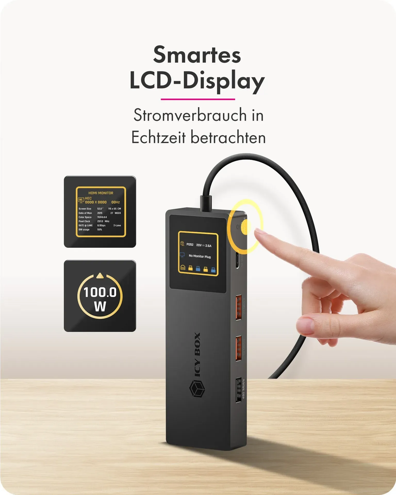 ICY BOX Spade Dock 4038, 7-in-1 DockingStation mit LCD-Display und 100 W PD – Bild 3
