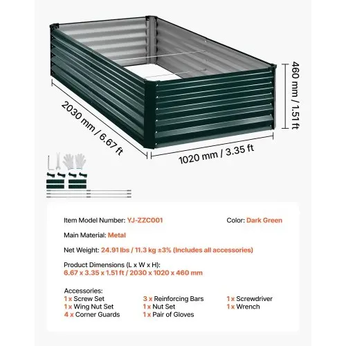 VEVOR Hochbeet Metall 203x102x46 cm, Rechteckiges Gartenbeet, Pflanzkasten-Set für den Außenbereich, Gemüsebeet mit Handschuhen, Blumenbeet, Pflanzbeet für Blumen & Gemüse, Dunkelgrün – Bild 6