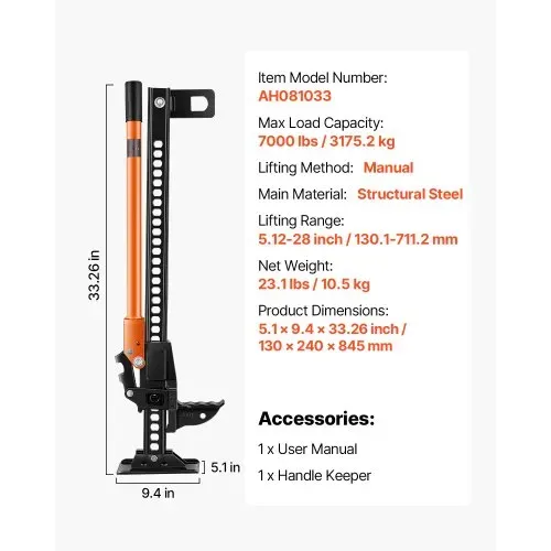 VEVOR Farm Wagenheber Offroad High Lift Farm Jack (3,18 t belastbar) Offroad-Nutzwagenheber, Stoßstangenheber Hochleistungshebebühnen mit 130,1–711,2 mm Hubbereich für Traktor Lkw SUV – Bild 6