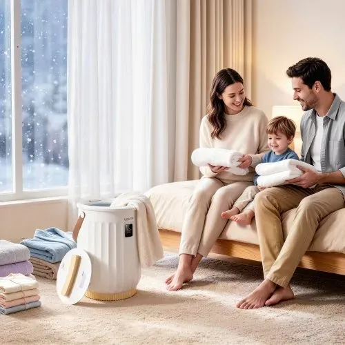 VEVOR Handtuchwärmer Eimer 20 L Heißtuchdampfer Wärmegerät Handtuchheizung, für Handtücher Decken Bademäntel, 4-fach einstellbarer Timer, Holzgriff, Automatische Abschaltung, Eingebaute Aromabox, Weiß – Bild 7