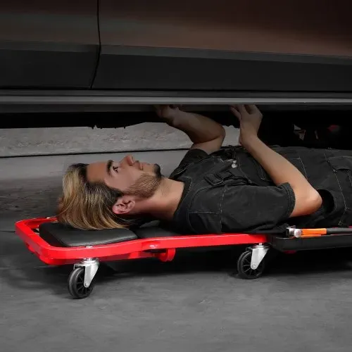 VEVOR Rollbrett für Mechaniker, 1118 mm, 136,1 kg Tragkraft, Rollbrett für Kraftfahrzeuge mit 6 Lenkrollen, verstellbarer, gepolsterter Kopfstütze, Werkzeugablage, robuster Stahlrahmen für Garagen, Reparaturwerkstätten und Heimwerker – Bild 7