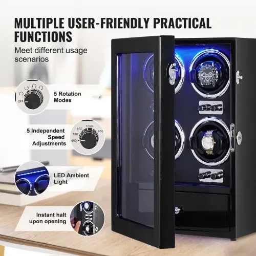 VEVOR Uhrenbeweger, Automatik-Uhrenbeweger, Watch Winder, Uhrenbeweger für Automatikuhren, Automatischer Uhrenbeweger mit Platz für 4 Uhren, LED Beleuchtung, 150–207 mm Einstellbar Riemenlänge – Bild 4