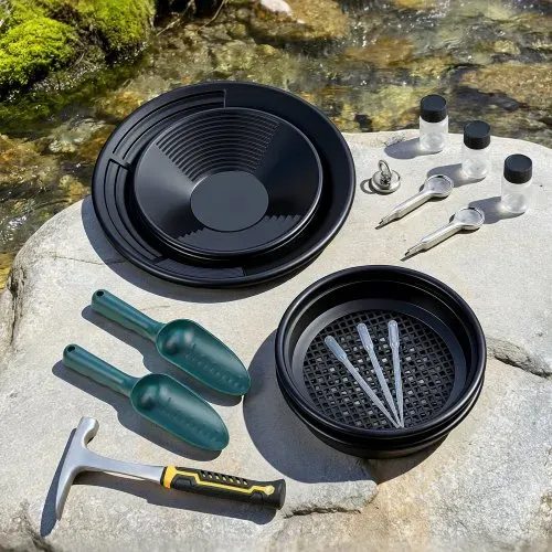 VEVOR Goldwaschpfanne 10 & 14 Zoll, Goldwannenbecken aus PP, 19-tlg. Tragbar, mit Klassiersieben, Sandmagnet, Steinhacke, Schaufeln, Rucksack und Zubehör, Gold Waschpfanne Tray Kit, Schwarz – Bild 7