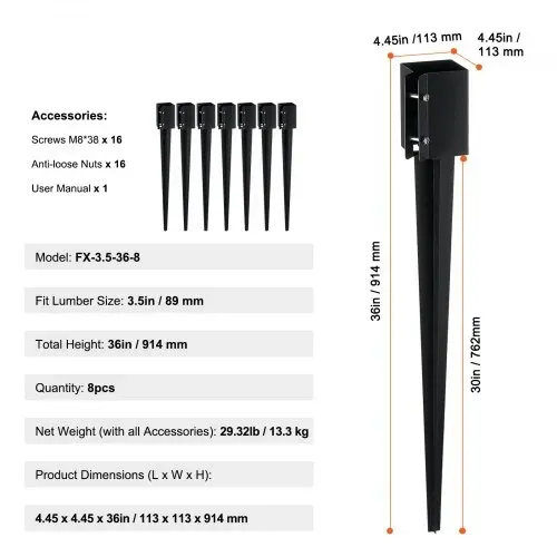 VEVOR Erdspieß für Zaunpfosten, 8er-Pack, 113 x 113 x 914 mm Außendurchmesser (Innendurchmesser 8,9 x 8,9 cm), Metall, schwarz pulverbeschichtet, Erdspieß für Briefkästen, Terrassen, Gartengeländer – Bild 10