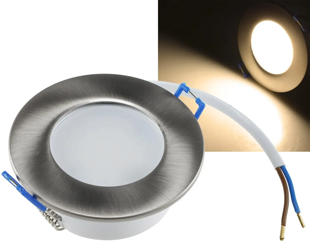 LED-Einbauleuchte “Flat-30 FR-R” 3000K Ø85x30mm, 5W, 590lm, IP44, rund, poliert LED-Einbauleuchte “Flat-30 FR-R” 3000K Ø85x30mm, 5W, 590lm, IP44, rund, poliert