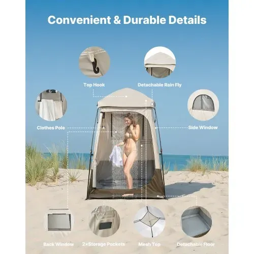VEVOR Duschzelt mit 1 Raum, Wasserfestes Toilettenzelt (145x145x215 cm), Umkleidezelt inkl. Heringen & Seilen & Tragetasche & Querstange, aus 210D Oxford-Gewebe für Camping Strand Angeln Khaki – Bild 3