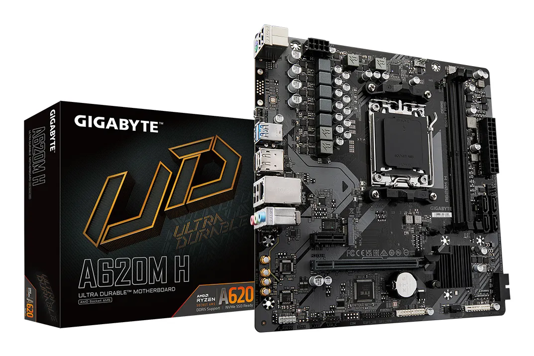 GIGABYTE A620M H Motherboard – Unterstützt AMD Ryzen 8000 CPUs, 5+2+2 Phasen Digital VRM, bis zu 7200MHz DDR5 (OC), 1xPCIe 4.0 M.2, GbE LAN, USB 3.2 Gen 1 GIGABYTE A620M H Motherboard – Unterstützt AMD Ryzen 8000 CPUs, 5+2+2 Phasen Digital VRM, bis zu 7200MHz DDR5 (OC), 1xPCIe 4.0 M.2, GbE LAN, USB 3.2 Gen 1