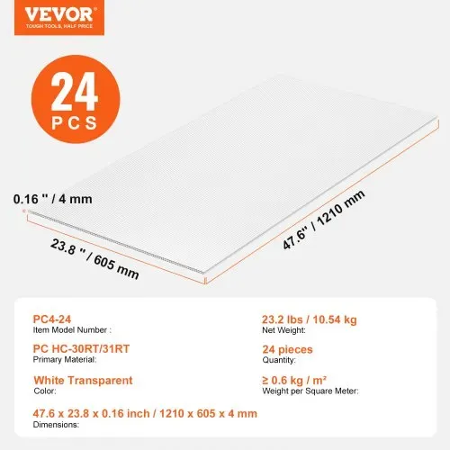 VEVOR 24er-Set Gewächshausplatten aus Polycarbonat, 1210 x 605 x 4 mm Stegplatten, wasserdichte UV-geschützte gewellte Hohlkammerplatten, schlagfeste, transparente Dachplatten für Gewächshaus/Garten – Bild 6