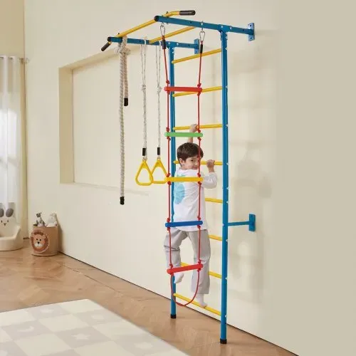 VEVOR Sprossenwand Turnwand Klettergerüst für Kinder (ab 3 Jahren), 5-in-1-Set mit schwedischer Leiter aus Karbonstahl, Klimmzugstange & Strickleiter & Turnringen 100 kg belastbar mehrfarbig – Bild 7