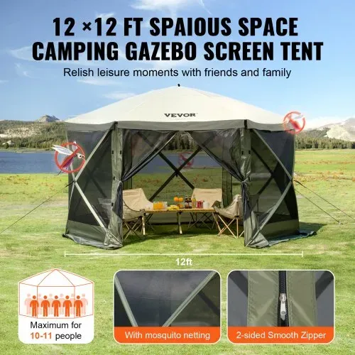 VEVOR Pop-Up-Pavillonzelt, Pop-Up-Zelt mit 6-seitigem Baldachin, Sonnenschutz mit 6 abnehmbaren Sichtschutz-Windtüchern und Netzfenstern, 12 x 12 Fuß, Schnellaufbau-Zelt mit Moskitonetz, Armeegrün – Bild 5