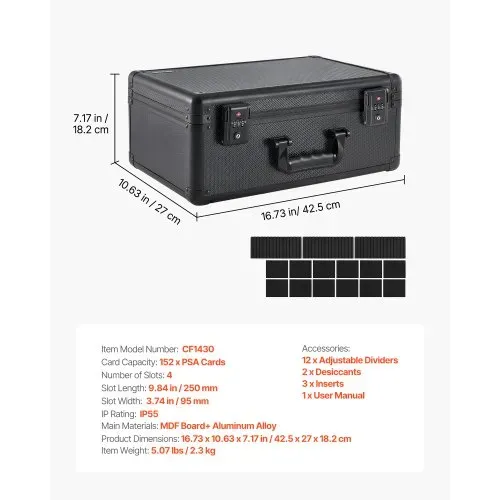 VEVOR Kartenaufbewahrungsbox für 152 PSA-Slab-Karten, Schwarze Kartenbox für 120 SGC, 100 BGS, 550 Toploader oder über 999 Lose Karten, mit 4 Reihen, 12 Trennfächern & TSA-zugelassenem Schloss – Bild 6