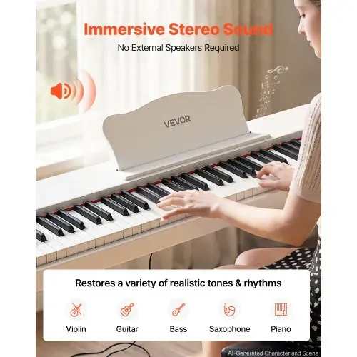 VEVOR Digitalpiano 88 Halbgewichtete Tasten in Standardgröße E-Piano Weiß für Anfänger, 600 Klangfarben, 600 Rhythmen, USB, MIDI, Audioausgang, Kopfhörerbuchse, Sustain-Pedal und HiFi-Lautsprechern – Bild 4