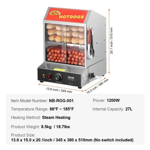VEVOR Hot Dog Dampfgarer, 27L, 2-stufiger Hot Dog Hütten-Dampfgarer, 30℃~85℃ Temperaturregelung, elektrischer Brötchenwärmer mit Schiebetüren aus gehärtetem Glas, Trennplattenzange, Edelstahl, für Hot Dogs & Brötchen – Bild 6