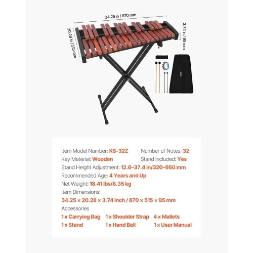VEVOR Glockenspiel, 32 Noten, professionelles Xylophon-Schlaginstrument aus Holz, mit höhenverstellbarem Ständer aus Kohlenstoffstahl, 4 Schlägeln, Tragetasche, Musikinstrumenten-Set für Anfänger – Bild 6