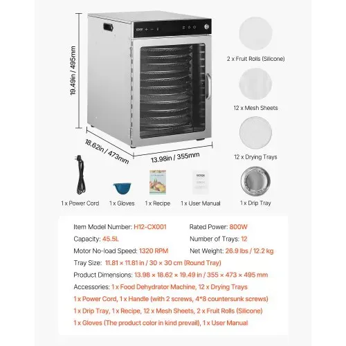 VEVOR Dörrgerät Dörrautomat 12 Edelstahlschalen, elektrischer 800 W Futtertrockner mit einstellbarer Temperatur, Gefriertrockner für Trockenfleisch Fleisch Obst Gemüse Kräuter Hundeleckerlis – Bild 6