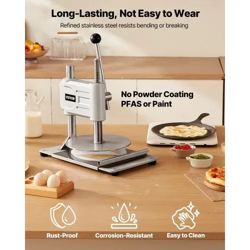 VEVOR manuelle Pizzateigpresse 241,3 mm Gebäck-Pressplatte, Brotpresse aus Edelstahl, kommerzieller Chapati Presse, 5 mm Dicke Formmaschine mit Griff & 100 Stk. Pergamentpapier, Pizza-Teigrolle – Bild 5