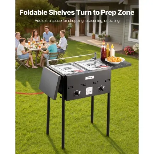 VEVOR Propan-Fritteuse Outdoor gewerbliche Fritteuse mit 2 Tanks (9 L x 2), Edelstahl-Kocher mit faltbarer Plattform & Doppelkorb & Wärmeregulierung, Standfritteusen für Restaurants Snackbars – Bild 3
