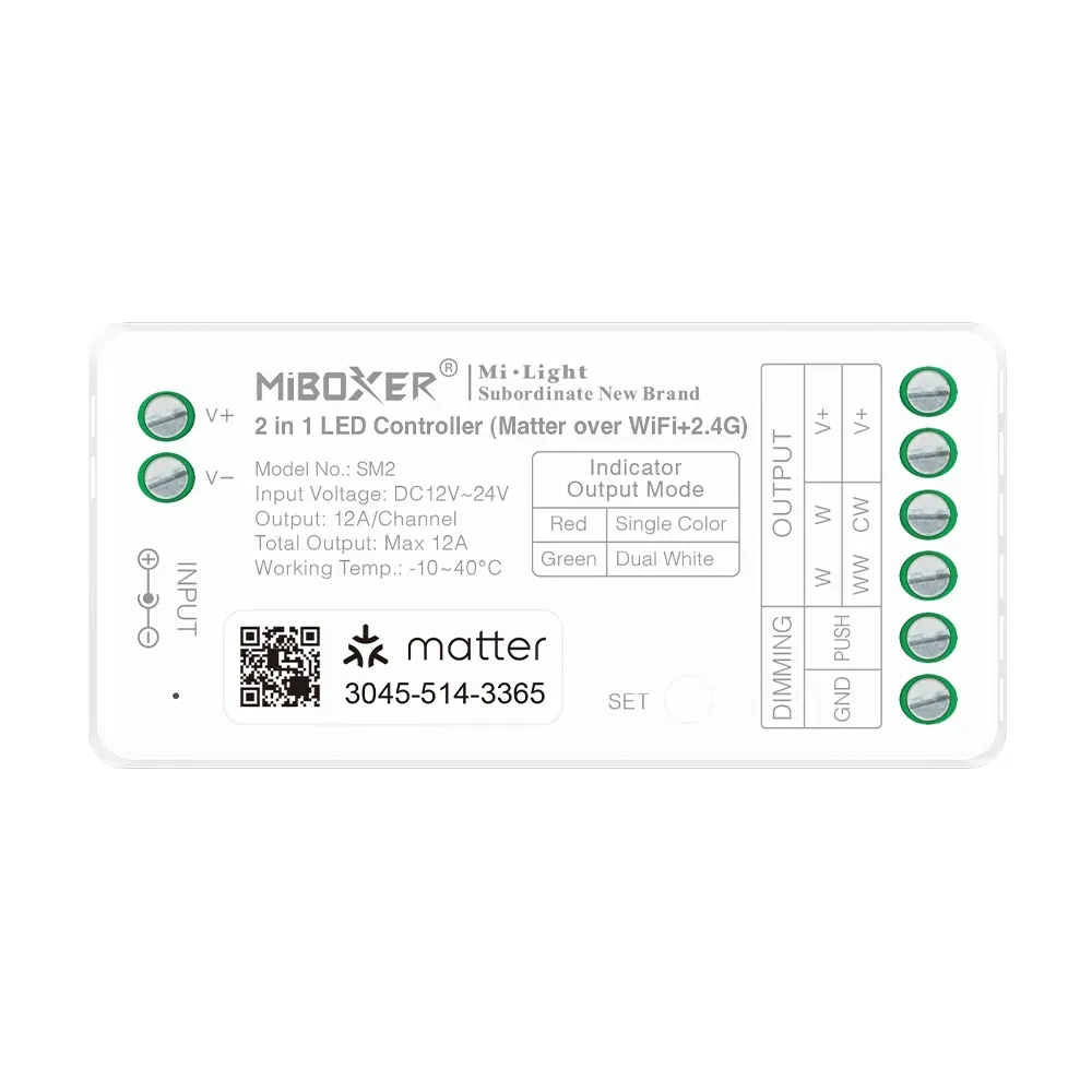 MiBoxer SM2 LED Controller Matter-Serie 2in1 Single colour/CCT(dual white) dim DC12/24V Matter Over WiFi+2.4GHz MiBoxer SM2 LED Controller Matter-Serie 2in1 Single colour/CCT(dual white) dim DC12/24V Matter Over WiFi+2.4GHz