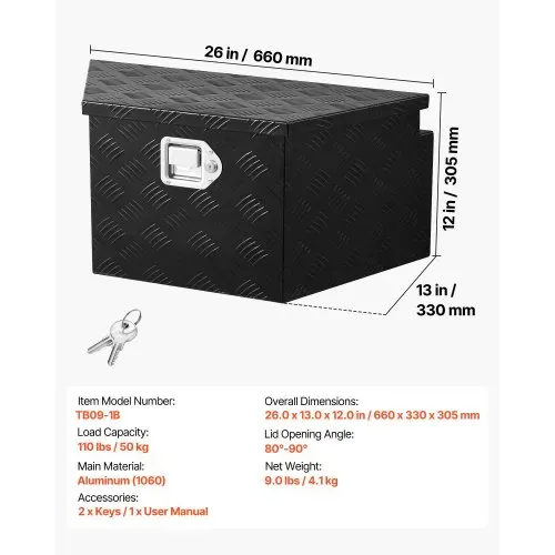 VEVOR Deichselbox Truckbox 660 x 330 x 305 mm aus Aluminium, 50 kg Belastbare Werkzeugaufbewahrungsbox mit Schloss & Schlüsseln, Anhängerbox für Pickup-Ladeflächen RV SUVs Geländewagen, Schwarz – Bild 6
