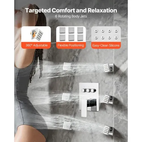 VEVOR Duschsystem-Set mit 10 Zoll Regenduschsystem / 6 Körperbrausen / 2 in 1 Handbrause, drehbarer Regenkopfsystem (3 Funktionen), Messingventil und Verkleidungssatz, Chrom Badezimmer – Bild 3