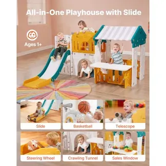 VEVOR Outdoor Spielhaus Outdoor Gartenhaus Cottage (Rutsche/Basketball/Teleskop/Lenkrad/Krabbeltunnel/Verkaufsfenster) Kinderspielhaus für Kleinkinder ab 1 Jahr HDPE-Kunststoff Kinderhaus VEVOR Outdoor Spielhaus Outdoor Gartenhaus Cottage (Rutsche/Basketball/Teleskop/Lenkrad/Krabbeltunnel/Verkaufsfenster) Kinderspielhaus für Kleinkinder ab 1 Jahr HDPE-Kunststoff Kinderhaus