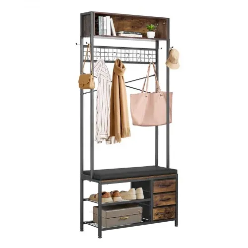 VEVOR Flurgarderobe 80 x 30 x180 cm, Garderobenständer mit Schuhablage (2 Ebenen) & 3 Schubladen, Freistehende Garderobe mit Bücherablage & Metallgitter, Ideal für Eingangsbereich, Schlafzimmer – Bild 9