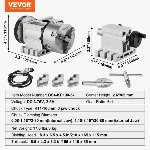 VEVOR Drehbankfutter K11–100mm Spannfutter Dreibackenfutter 4. Achse der CNC-Rotationsachse, ein Untersetzungsverhältnis von 6:1 und einen Nema23-Zweiphasen-Schrittmotor 3 Backenfutter für CNC-Fräsen – Bild 6