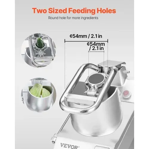 VEVOR Küchenmaschine Gemüseschneider Gemüsezerkleiner 2 Einfüllöffnungen, Schneider aus lebensmittelechtem Edelstahl mit 6 abnehmbaren Klingen, 3/5/7/10 mm Raspel, 2/4 mm Hobel, für Gemüse Obst – Bild 2