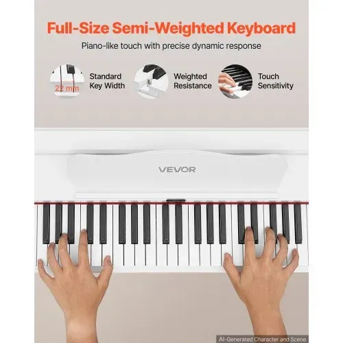 VEVOR Digitalpiano 88 Halbgewichtete Tasten in Standardgröße E-Piano Weiß für Anfänger, 600 Klangfarben, 600 Rhythmen, USB, MIDI, Audioausgang, Kopfhörerbuchse, Sustain-Pedal und HiFi-Lautsprechern – Bild 2