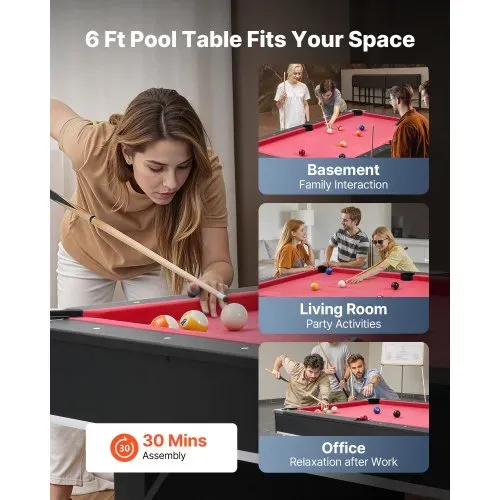 VEVOR Billardtisch 183 cm moderner Spieltisch mit verstellbaren Füßen, komplettes Set inkl.Bällen / Queues / Ständer / Kreide / Bürste, für Spielzimmer Freizeiträume schwarz mit rotem Tuch – Bild 5