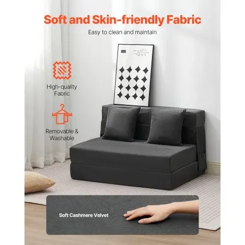 VEVOR 3 in 1 Klappsofa faltbares Schlafsofa mit 2 Kissen & waschbarem Bezug, umwandelbarer Schlafsessel aus 25D Memory Foam, Couch für Wohnzimmer Schlafzimmer, Dunkelgrau (TWIN XL / 1950x1005x150mm) – Bild 2
