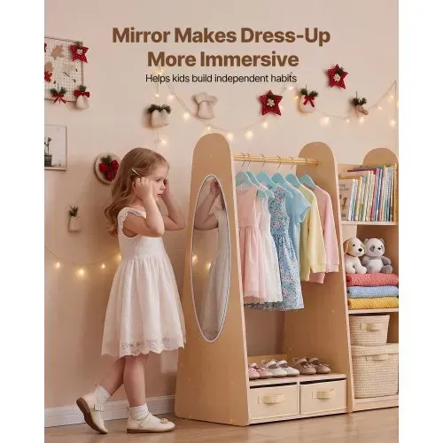 VEVOR Kinderkleiderschrank 98,5x40x106 cm, Kindergarderobe mit Spiegel Kleiderstange Ablagen, Verkleidungsschrank mit 2 Stoffschubladen für Mädchen, Kinderschrank für Kostüme Schlafzimmer, Naturholz – Bild 4