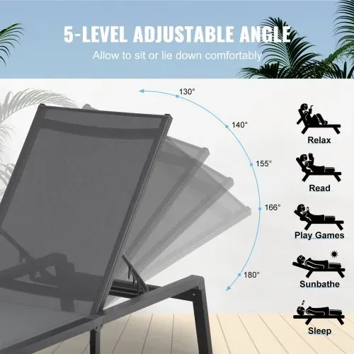 VEVOR Chaiselongue-Sessel für den Außenbereich, Aluminium-Terrassen-Liegestuhl mit 5 verstellbaren Positionen, klappbarer Pool-Liegestuhl, Liegestuhl und komplett flacher Sonnenstuhl für Terrasse, Strand, Pool, Dunkelgrau – Bild 4