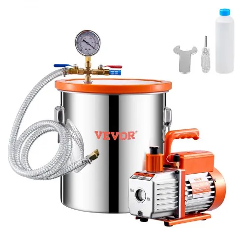 VEVOR 18,93 L Vakuumkammer & 3,5 CFM Pumpe, Edelstahlkammer, einstufiges Vakuumpumpen-Entgasungskammerset, mit Acryldeckel, Öl, 1,5 m Schlauch, Vacuum Pump Kit zum Entgasen von Harz-Silikon-Epoxiden VEVOR 18,93 L Vakuumkammer & 3,5 CFM Pumpe, Edelstahlkammer, einstufiges Vakuumpumpen-Entgasungskammerset, mit Acryldeckel, Öl, 1,5 m Schlauch, Vacuum Pump Kit zum Entgasen von Harz-Silikon-Epoxiden