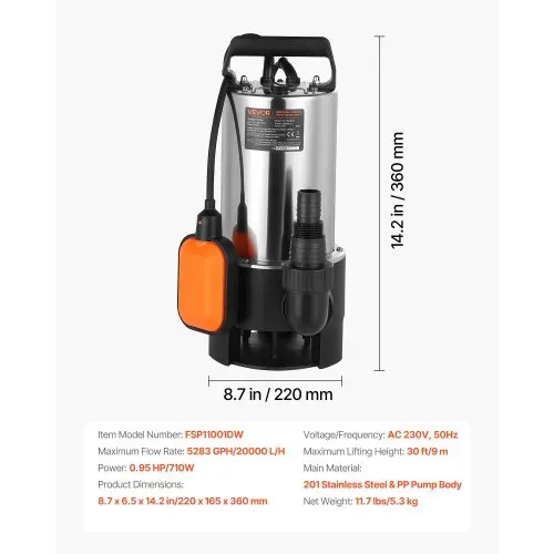 VEVOR 710W Tauchpumpe, 20000l/h, Schmutzwasserpumpe für Abwasser, Schmutzwasser & sauberes Wasser mit automatischem Schwimmerschalter, 9m Förderhöhe, für Pools, Teiche, überflutete Bereiche – Bild 6