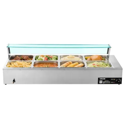 VEVOR kommerzieller Speisenwärmer (8 x 1/2 Größe Behälter), 1,7 kW elektrischer Wärmebehälter aus Edelstahl mit Glasabdeckung & Suppenkelle, Chafing Dishes für Catering Restaurant Party – Bild 10