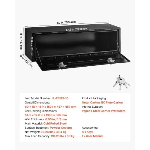 VEVOR Lkw Unterbaubox 1524 x 457 x 457 mm Unterflur Staukasten Kaltgewalzter Stahl Wasserdichter Werkzeugkasten mit T-Griff Schloss für Lkw Anhänger Transporter Werkzeugkiste Unterflurkasten Schwarz – Bild 6