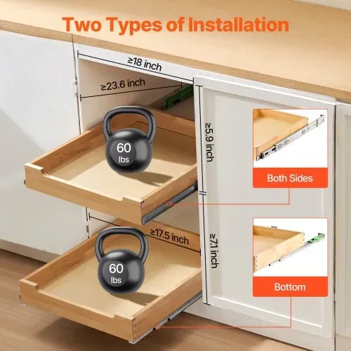 VEVOR Ausziehbarer Schrank-Organizer Schrankschublade Regal (432 x 533 x 76 mm) mit sanftem Schließmechanismus, Holz-Schiebeschublade Unter- und Seitenmontage, für Küche Speisekammer Badezimmer – Bild 4