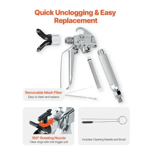 VEVOR Airless-Farbspritzpistole 3600 psi Hochdruck-Airless-Farbspritzpistole mit 517-Düse, Drehgelenk-Airless-Spritzpistolen-Set mit Filtern, Reinigungsnadel und Bürste, für Airless-Spritzmaschine – Bild 4