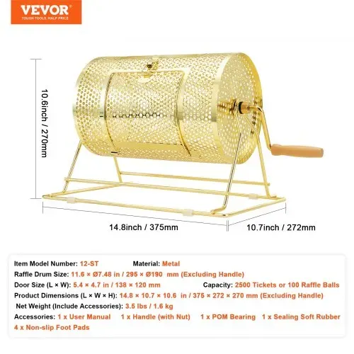 VEVOR Lostrommel Glückskind 3500 Lose oder 100 Tombola-Kugeln Fassungsvermögen, Professioneller Los-Drehkäfig aus Metall, Lotterie-Drehscheibe, Losbox für Lotteriespiele Golden – Bild 6