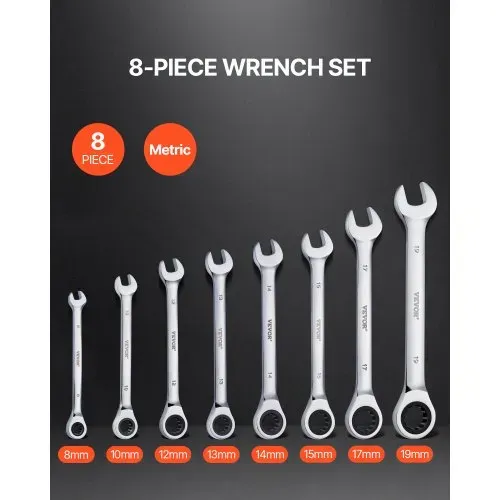 VEVOR Schlüsselsatz 8-teiliger Ratschenschlüsselsatz mit Organizer-Rack, Cr-V-Stahl-Schlüsselsatz metrisch 8 mm bis 19 mm, ideal für den allgemeinen Haushalt Garage Werkstatt Autoreparaturen VEVOR Schlüsselsatz 8-teiliger Ratschenschlüsselsatz mit Organizer-Rack, Cr-V-Stahl-Schlüsselsatz metrisch 8 mm bis 19 mm, ideal für den allgemeinen Haushalt Garage Werkstatt Autoreparaturen
