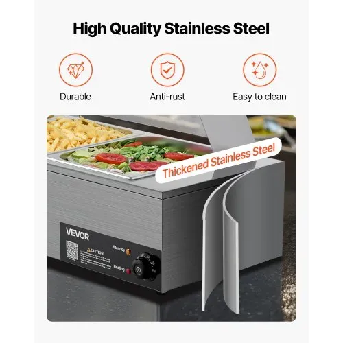 VEVOR kommerzieller Speisenwärmer (3 x 1/2 Größe Behälter), 1,5 kW elektrischer Wärmebehälter aus Edelstahl mit Glasabdeckung & Suppenkelle, Chafing Dishes für Catering Restaurant Party – Bild 4